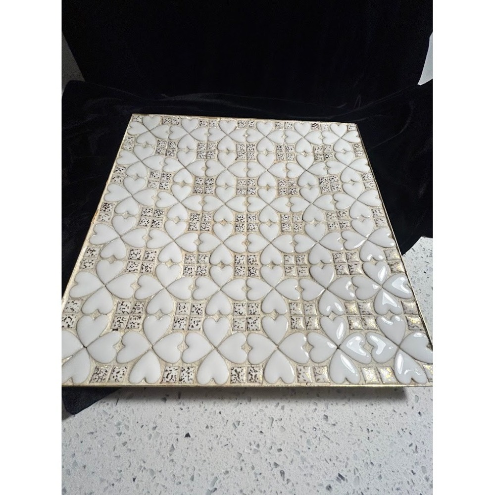 Mid Century Modern‎ Mosaic Heart Tray Gold Trim White Ceramic MCM